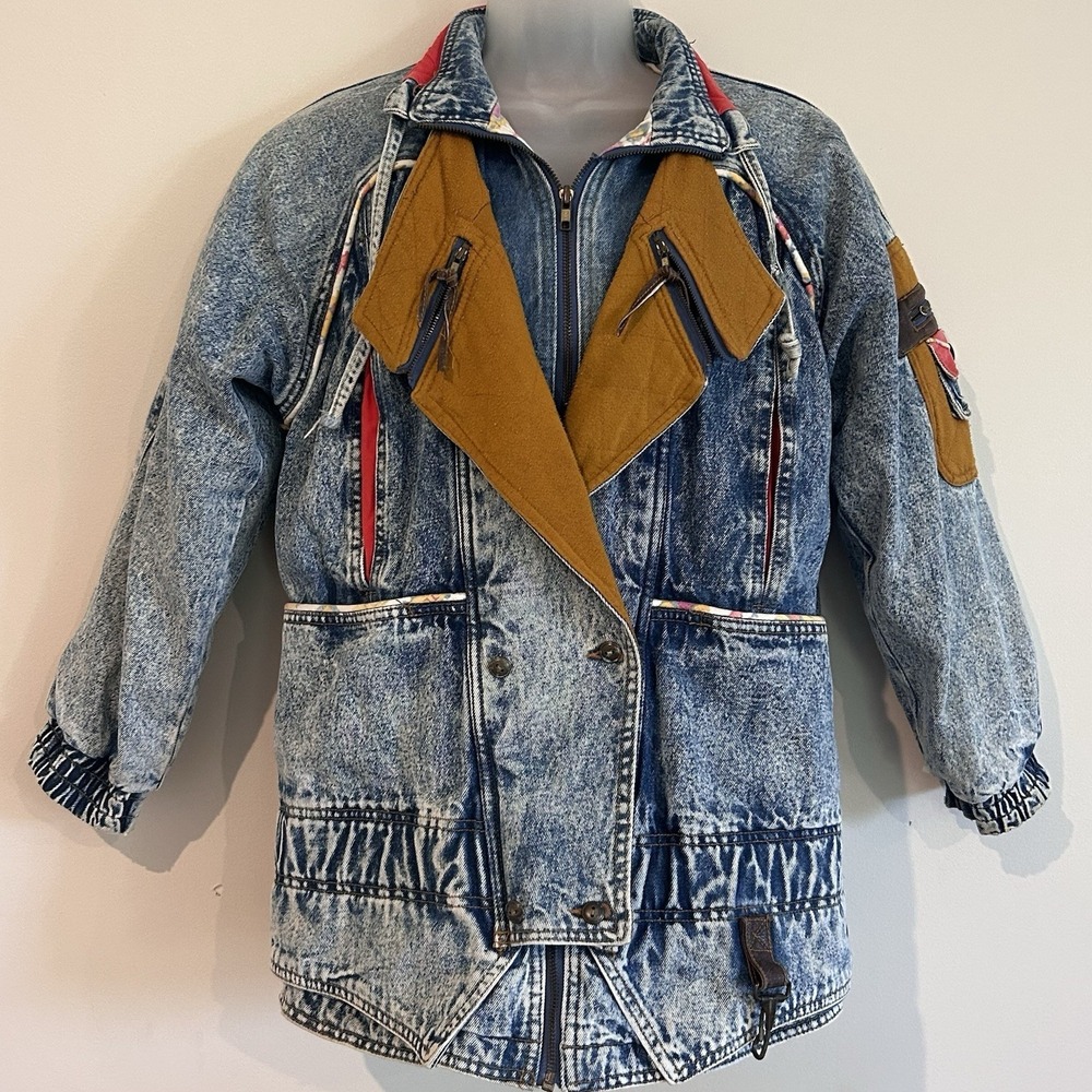 Vtg Faded Glory Acid Wash Jean Jacket Sz M 10-12 Retro 80's Lined Coat Aztec